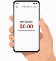 Hand holding smartphone showing bank balance of zero dollars